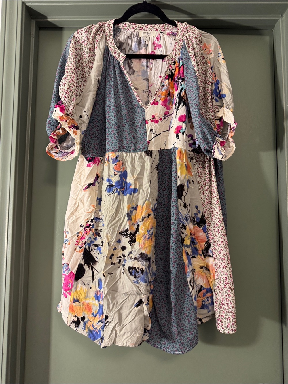Umgee Patchwork Floral Boho Tunic Dress in Cream, Blue & Pink